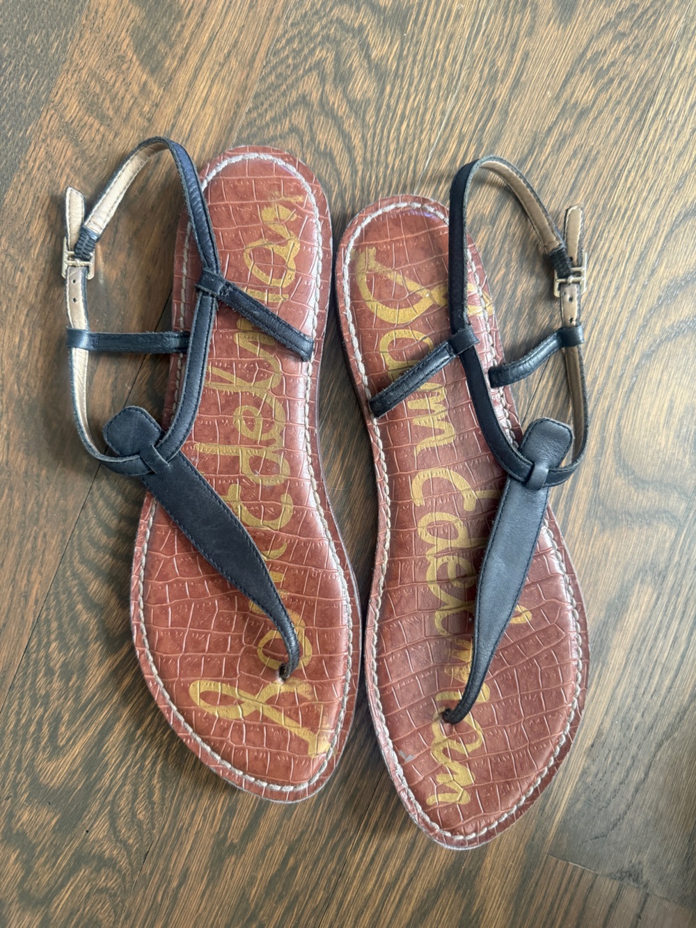 Sam Edelman Black Leather T-Strap Sandals with Brown Croc-Embossed Footbed